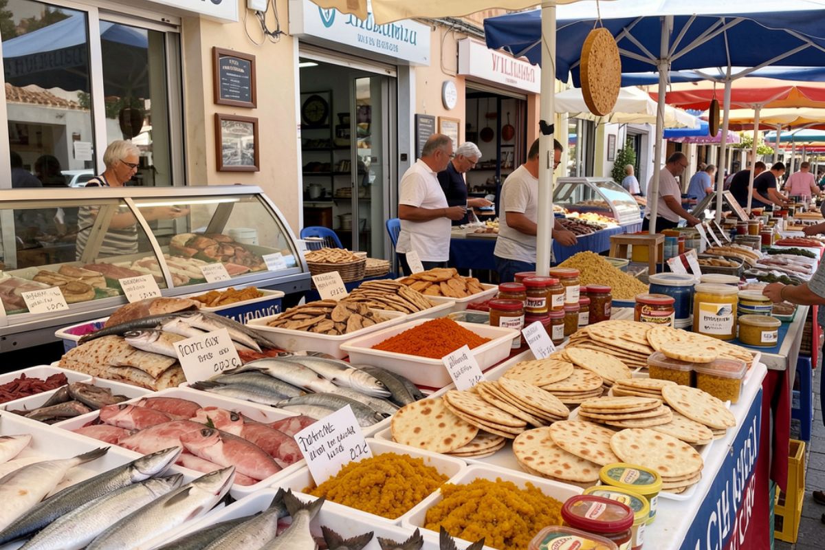 Bancarella del mercato di Villasimius con pesce fresco, bottarga, pane carasau e prodotti tipici sardi