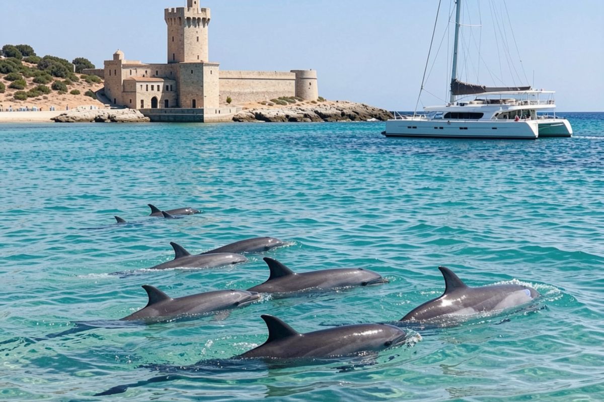 Un gruppo di delfini nuota vicino alla costa di Villasimius, con la Torre di Porto Giunco sullo sfondo e un catamarano turistico nelle vicinanze, mare turchese e cielo sereno